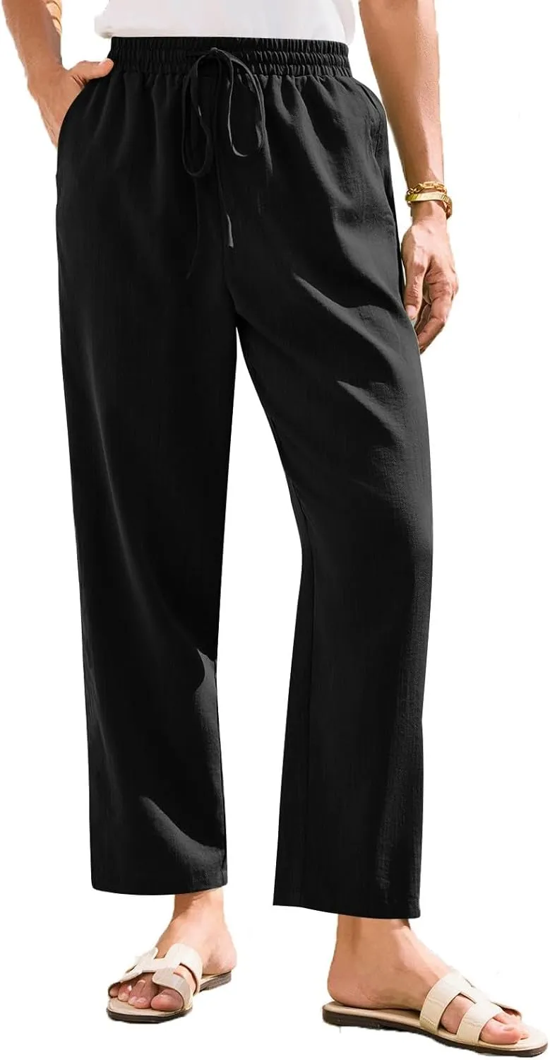 Linen Pants for Women Petite Beach High Waist Cropped Capris Elastic Tapered Ankle Drawstring Pants with Pockets