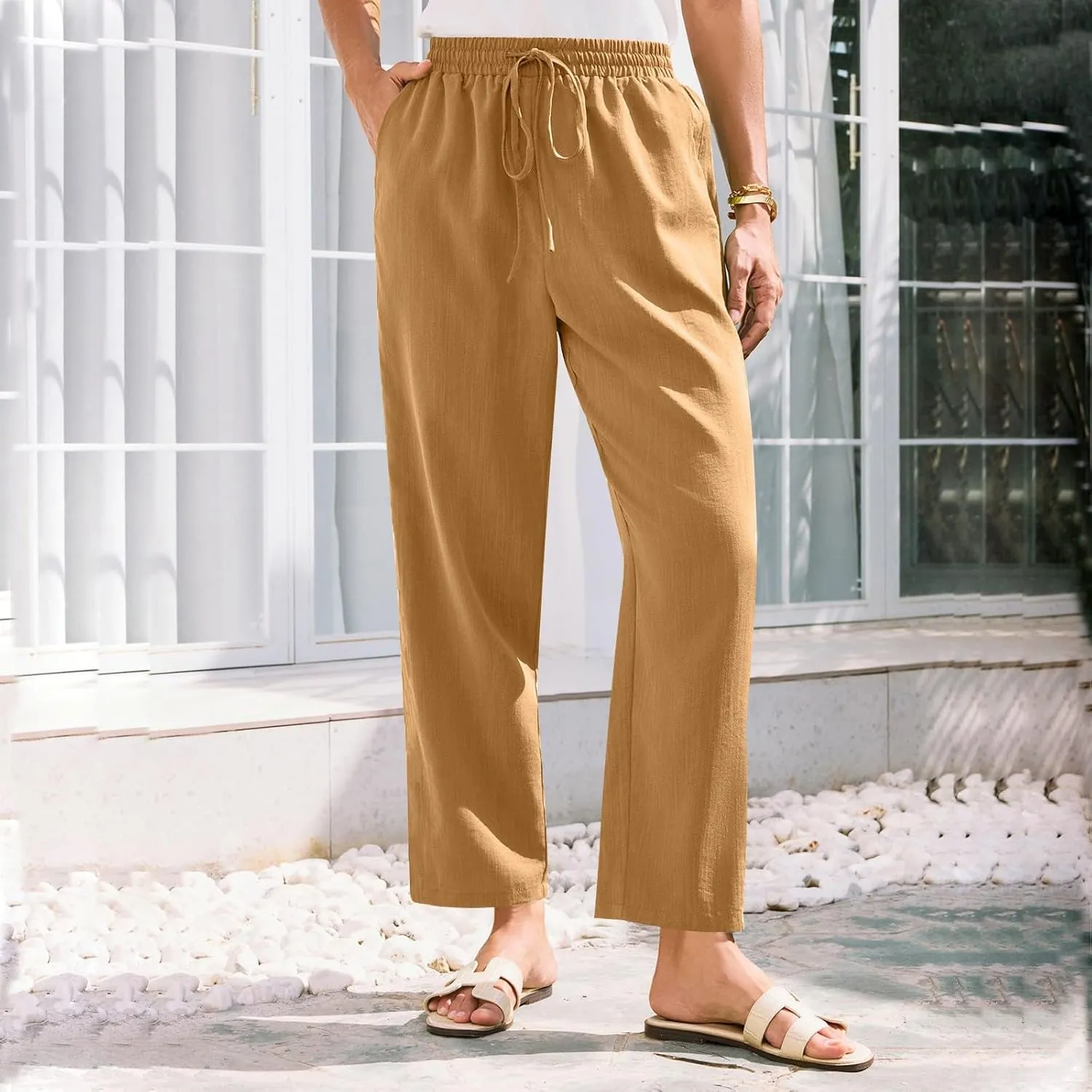 Linen Pants for Women Petite Beach High Waist Cropped Capris Elastic Tapered Ankle Drawstring Pants with Pockets