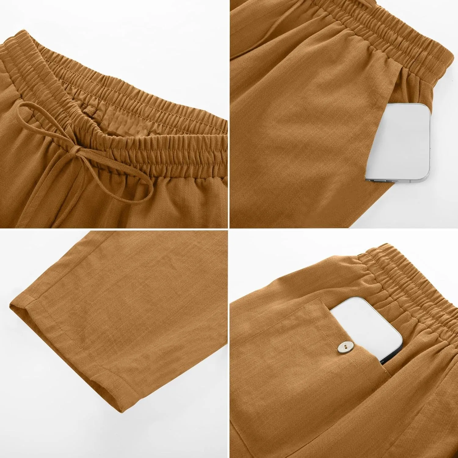 Linen Pants for Women Petite Beach High Waist Cropped Capris Elastic Tapered Ankle Drawstring Pants with Pockets