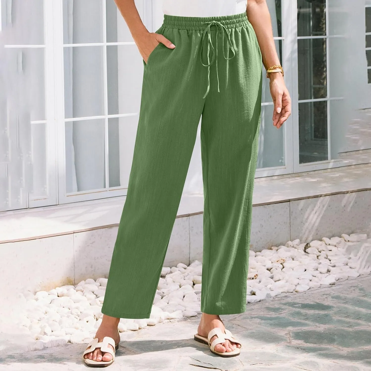 Linen Pants for Women Petite Beach High Waist Cropped Capris Elastic Tapered Ankle Drawstring Pants with Pockets