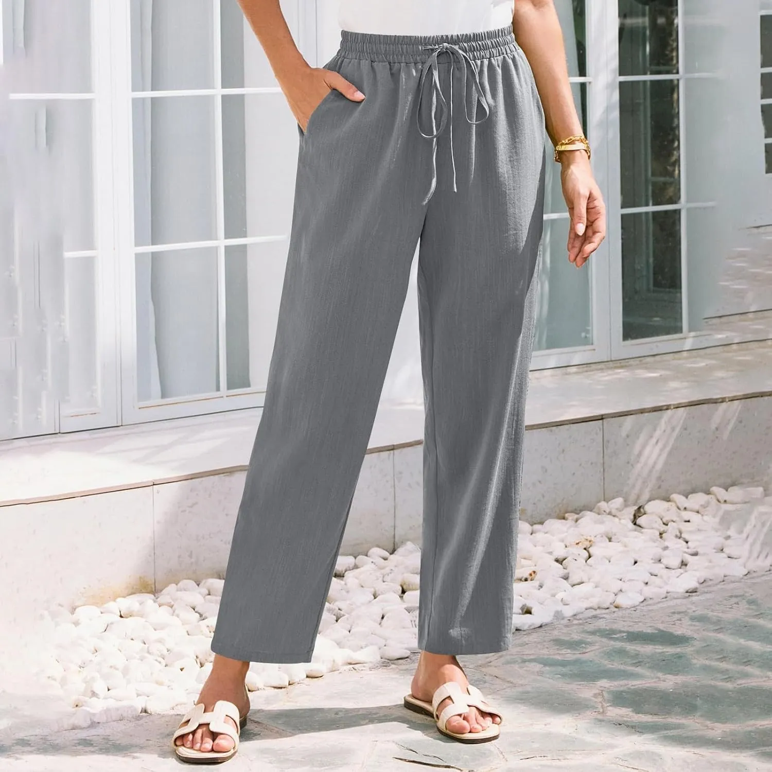 Linen Pants for Women Petite Beach High Waist Cropped Capris Elastic Tapered Ankle Drawstring Pants with Pockets