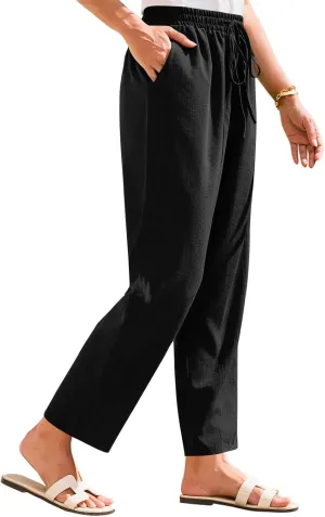 Linen Pants for Women Petite Beach High Waist Cropped Capris Elastic Tapered Ankle Drawstring Pants with Pockets