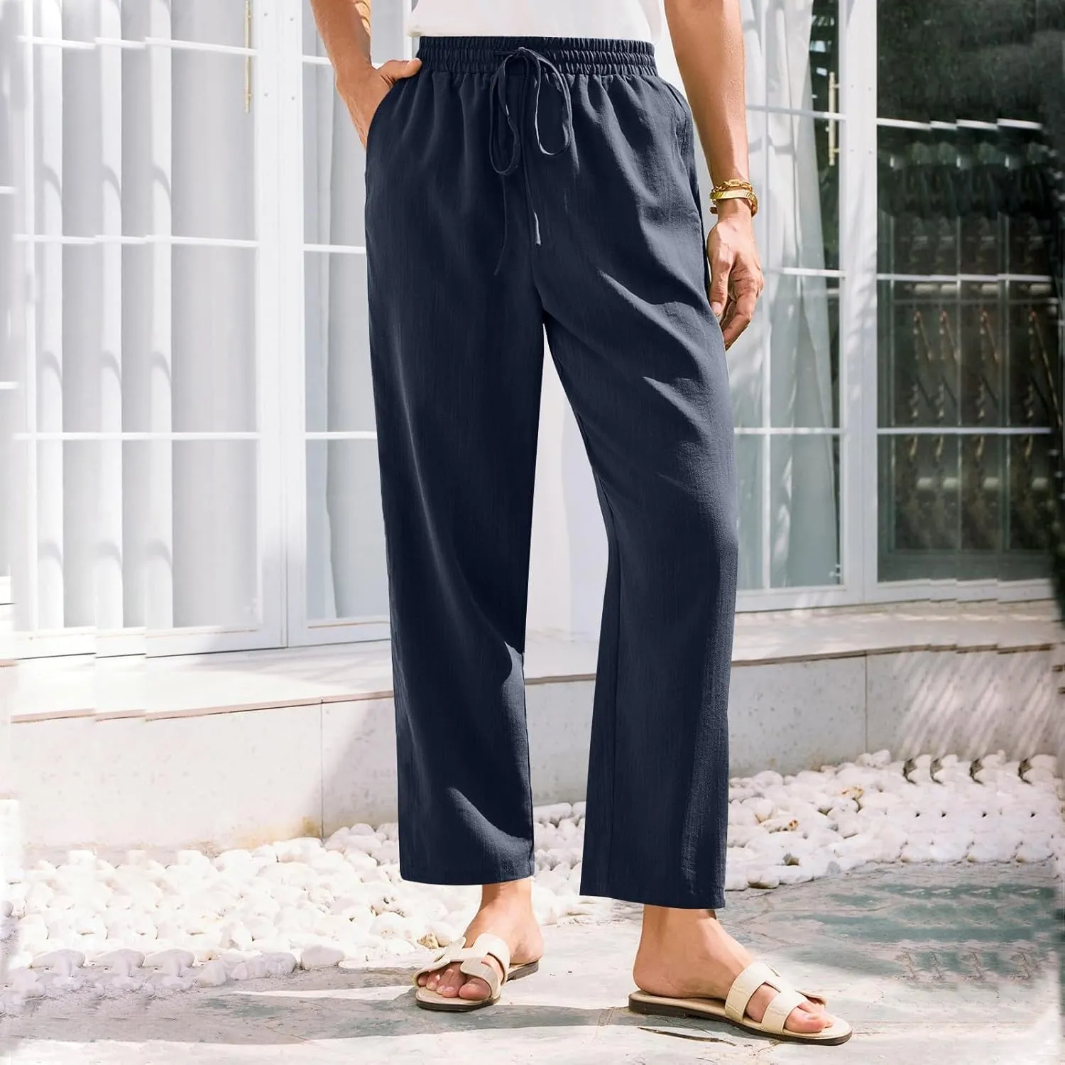 Linen Pants for Women Petite Beach High Waist Cropped Capris Elastic Tapered Ankle Drawstring Pants with Pockets