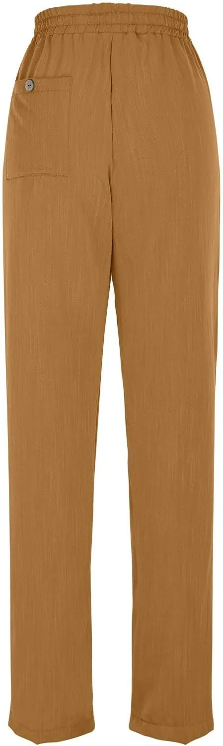 Linen Pants for Women Petite Beach High Waist Cropped Capris Elastic Tapered Ankle Drawstring Pants with Pockets