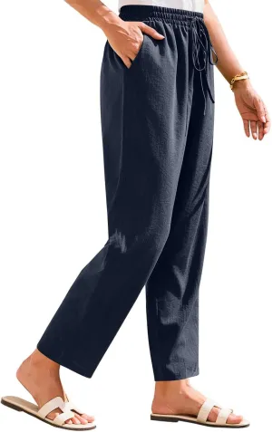 Linen Pants for Women Petite Beach High Waist Cropped Capris Elastic Tapered Ankle Drawstring Pants with Pockets