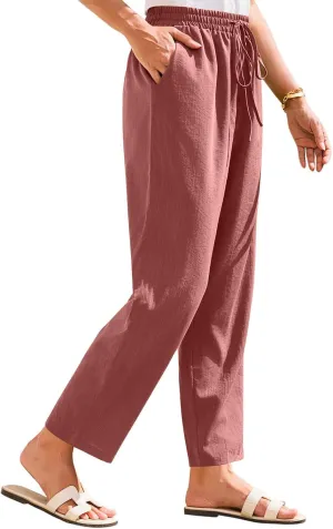 Linen Pants for Women Petite Beach High Waist Cropped Capris Elastic Tapered Ankle Drawstring Pants with Pockets