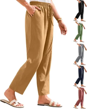 Linen Pants for Women Petite Beach High Waist Cropped Capris Elastic Tapered Ankle Drawstring Pants with Pockets