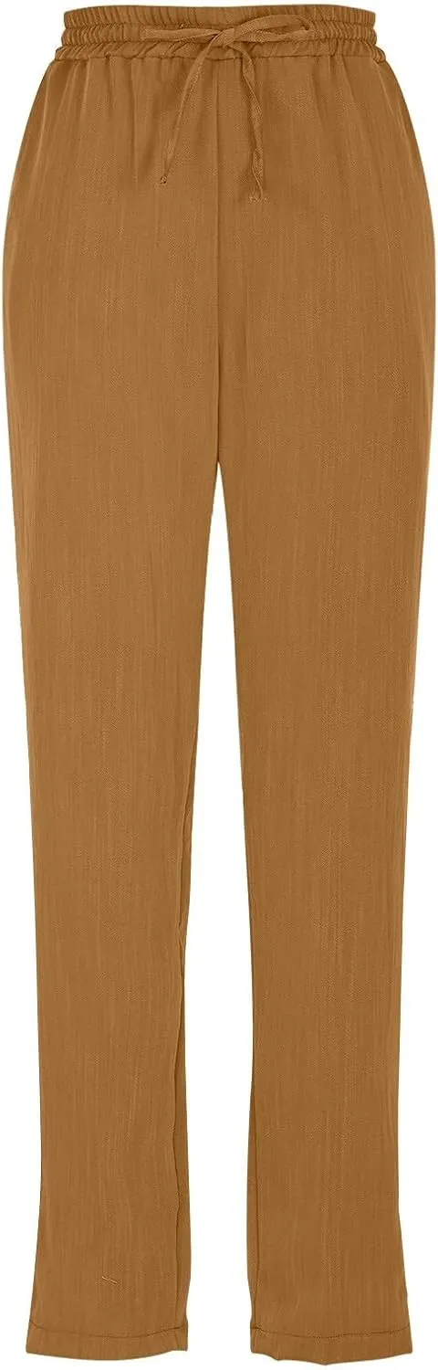 Linen Pants for Women Petite Beach High Waist Cropped Capris Elastic Tapered Ankle Drawstring Pants with Pockets