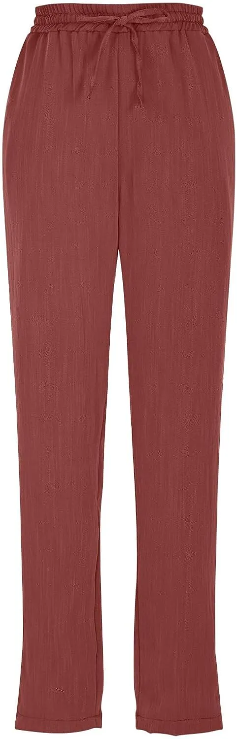 Linen Pants for Women Petite Beach High Waist Cropped Capris Elastic Tapered Ankle Drawstring Pants with Pockets