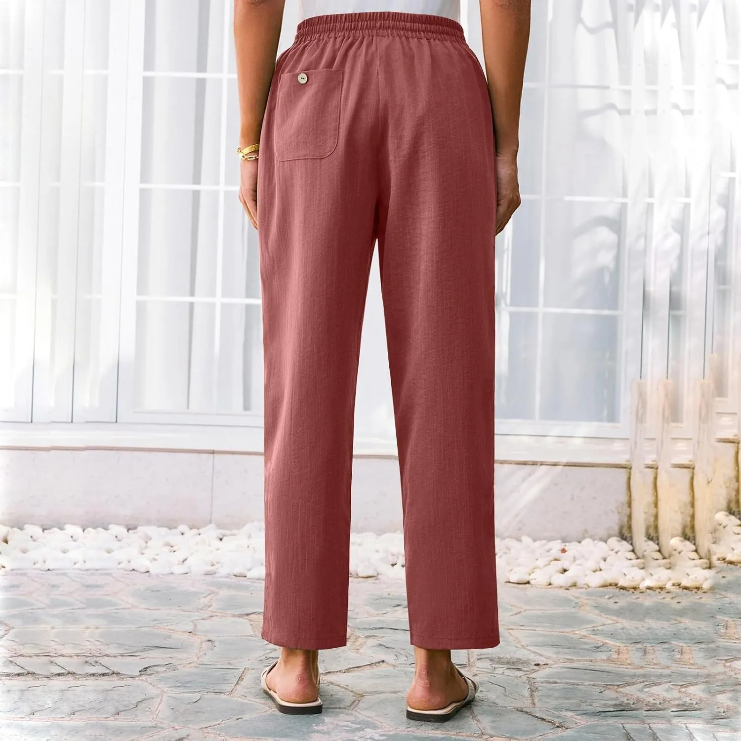 Linen Pants for Women Petite Beach High Waist Cropped Capris Elastic Tapered Ankle Drawstring Pants with Pockets