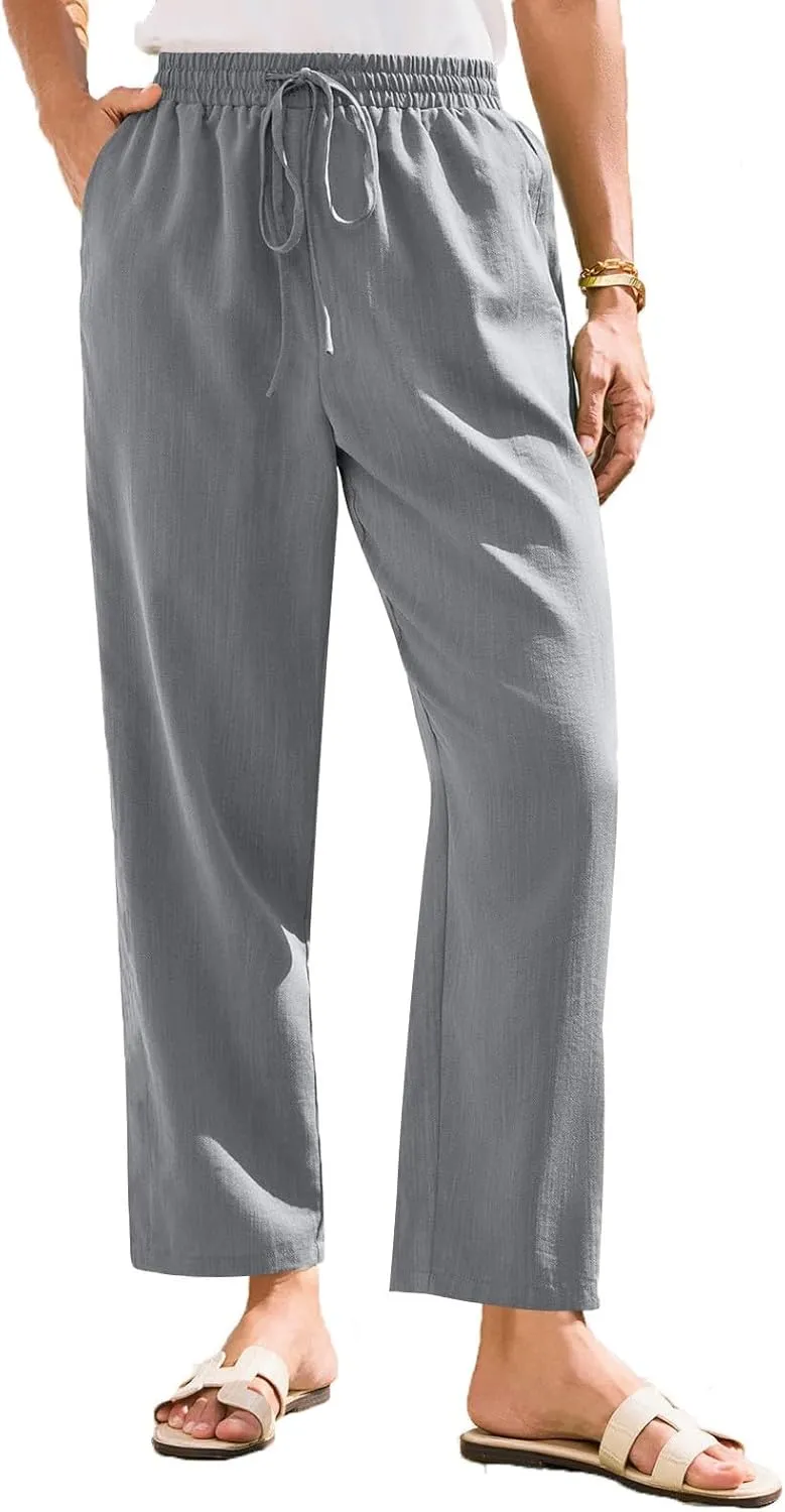 Linen Pants for Women Petite Beach High Waist Cropped Capris Elastic Tapered Ankle Drawstring Pants with Pockets