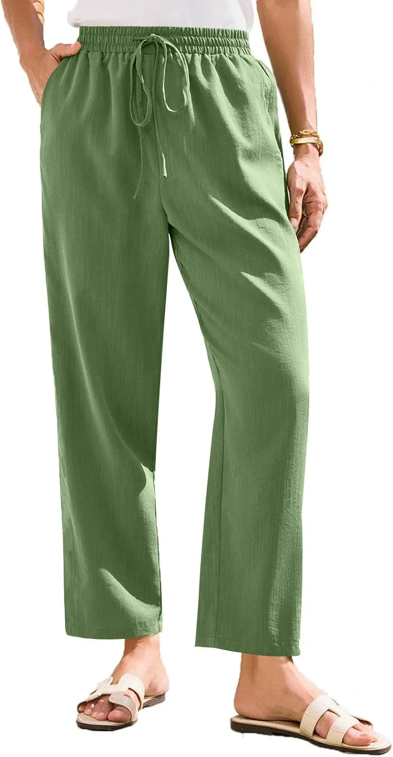 Linen Pants for Women Petite Beach High Waist Cropped Capris Elastic Tapered Ankle Drawstring Pants with Pockets