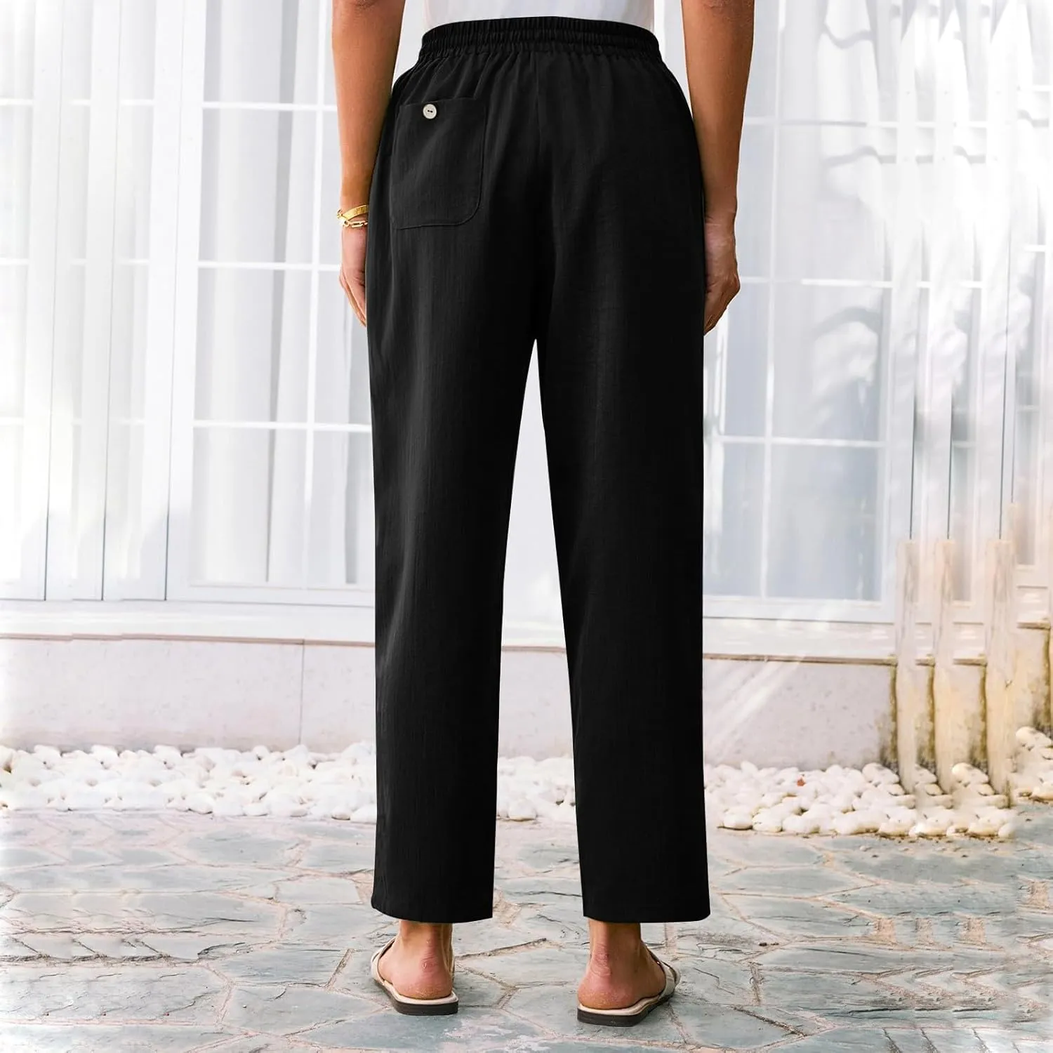 Linen Pants for Women Petite Beach High Waist Cropped Capris Elastic Tapered Ankle Drawstring Pants with Pockets
