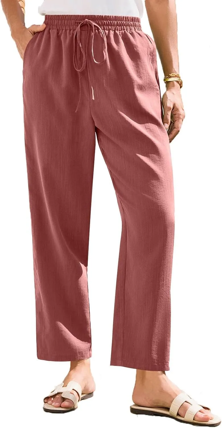 Linen Pants for Women Petite Beach High Waist Cropped Capris Elastic Tapered Ankle Drawstring Pants with Pockets