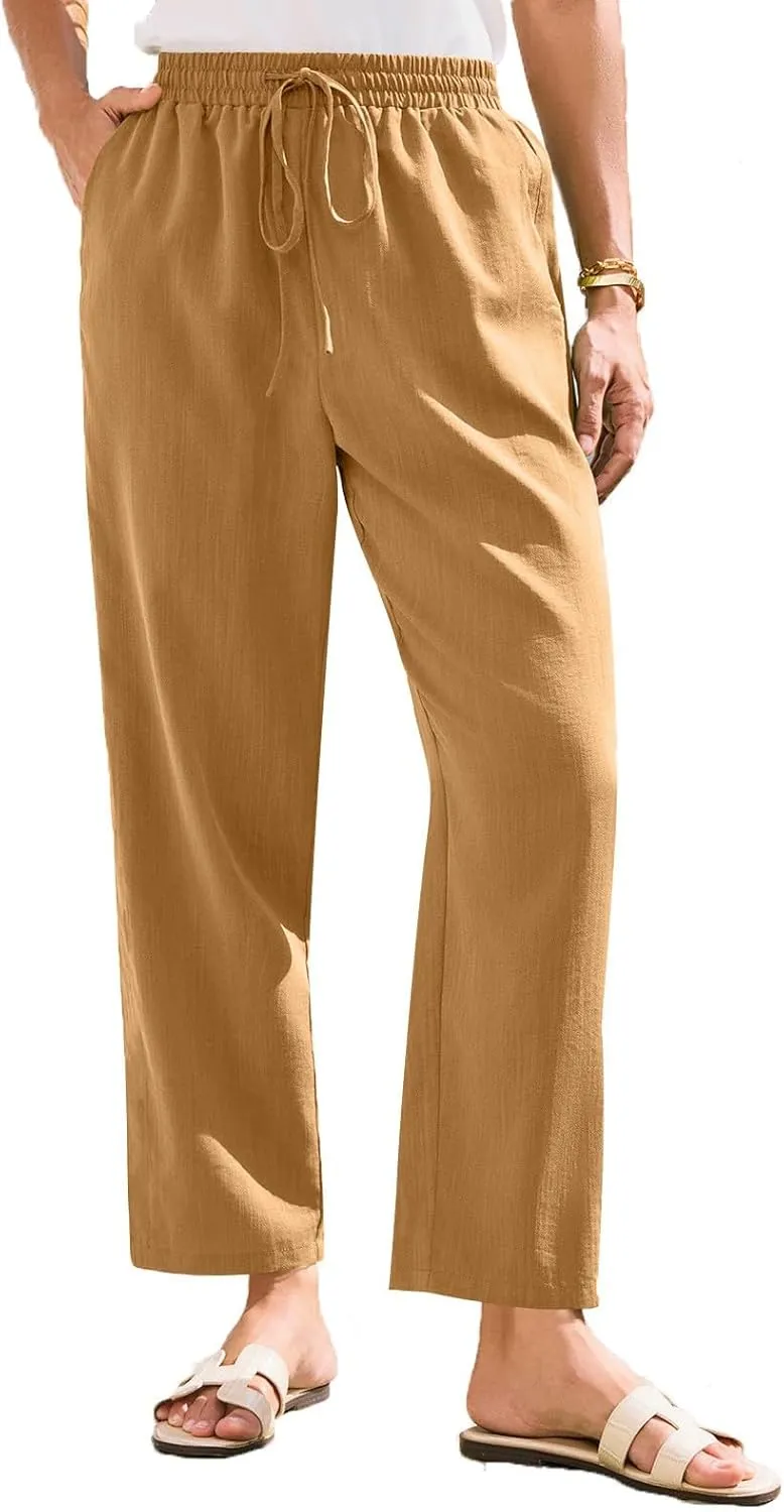 Linen Pants for Women Petite Beach High Waist Cropped Capris Elastic Tapered Ankle Drawstring Pants with Pockets