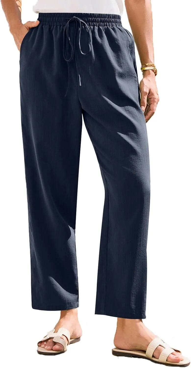Linen Pants for Women Petite Beach High Waist Cropped Capris Elastic Tapered Ankle Drawstring Pants with Pockets