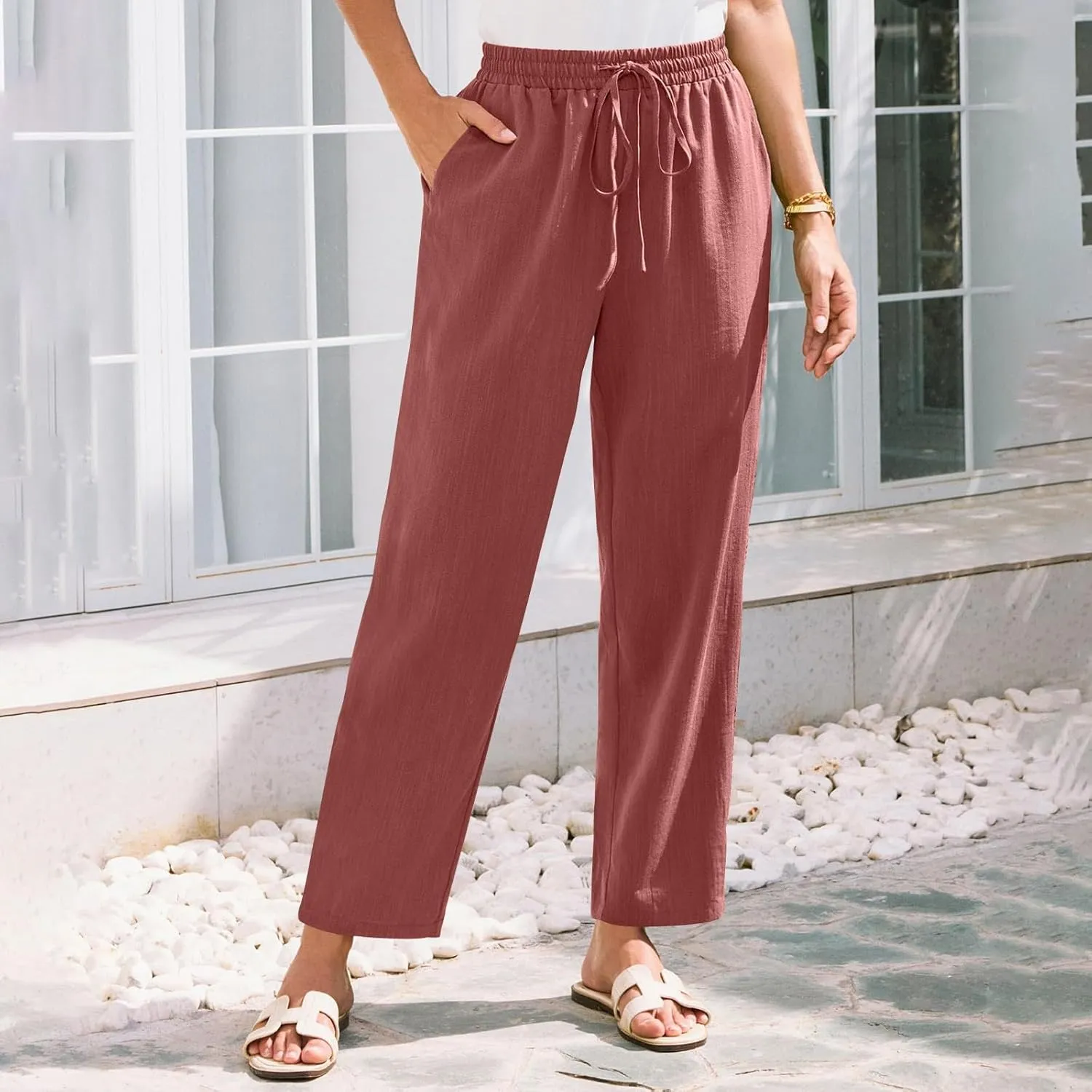 Linen Pants for Women Petite Beach High Waist Cropped Capris Elastic Tapered Ankle Drawstring Pants with Pockets