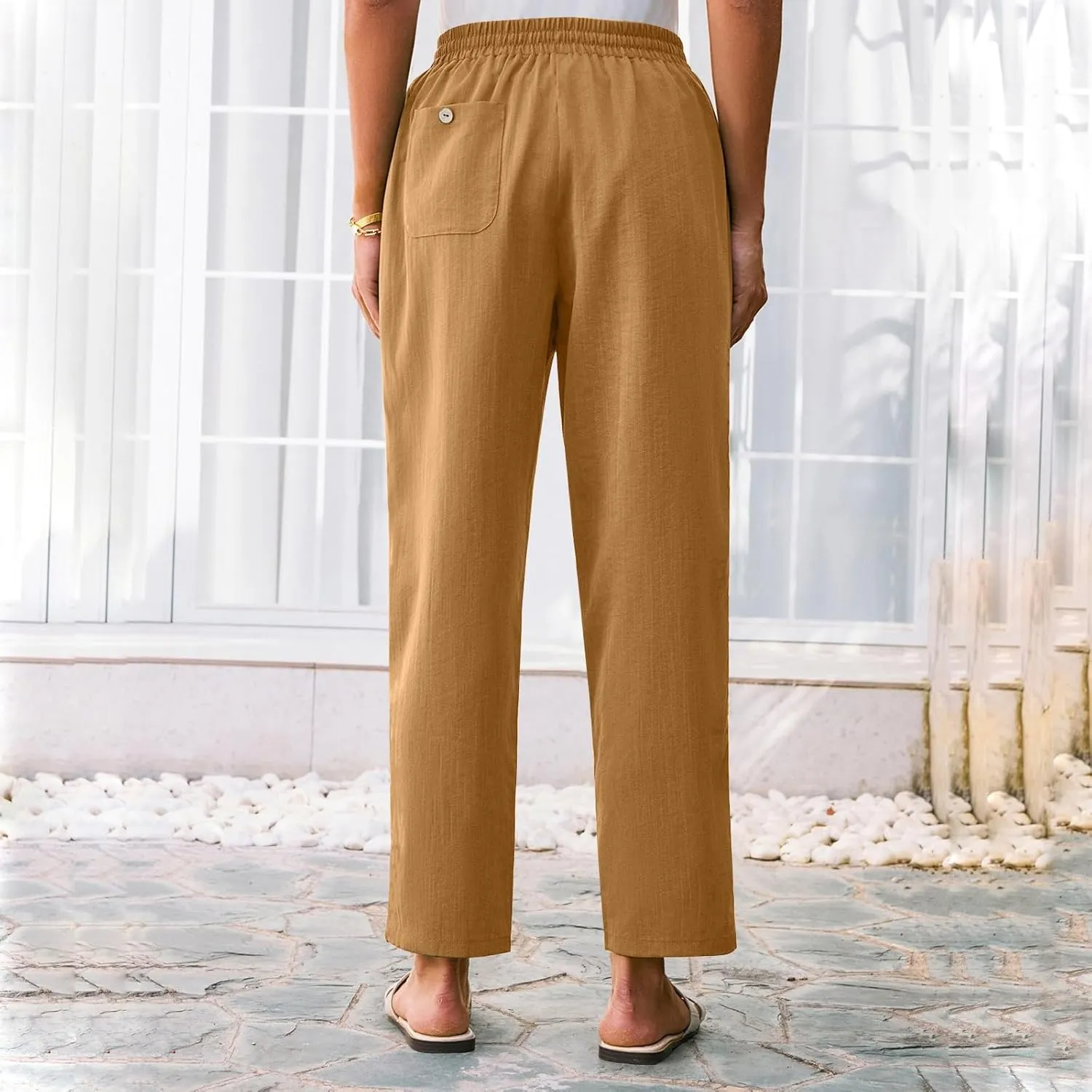 Linen Pants for Women Petite Beach High Waist Cropped Capris Elastic Tapered Ankle Drawstring Pants with Pockets