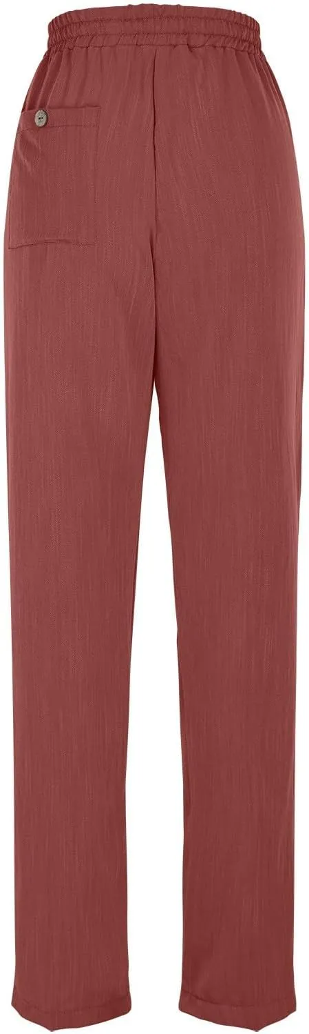 Linen Pants for Women Petite Beach High Waist Cropped Capris Elastic Tapered Ankle Drawstring Pants with Pockets