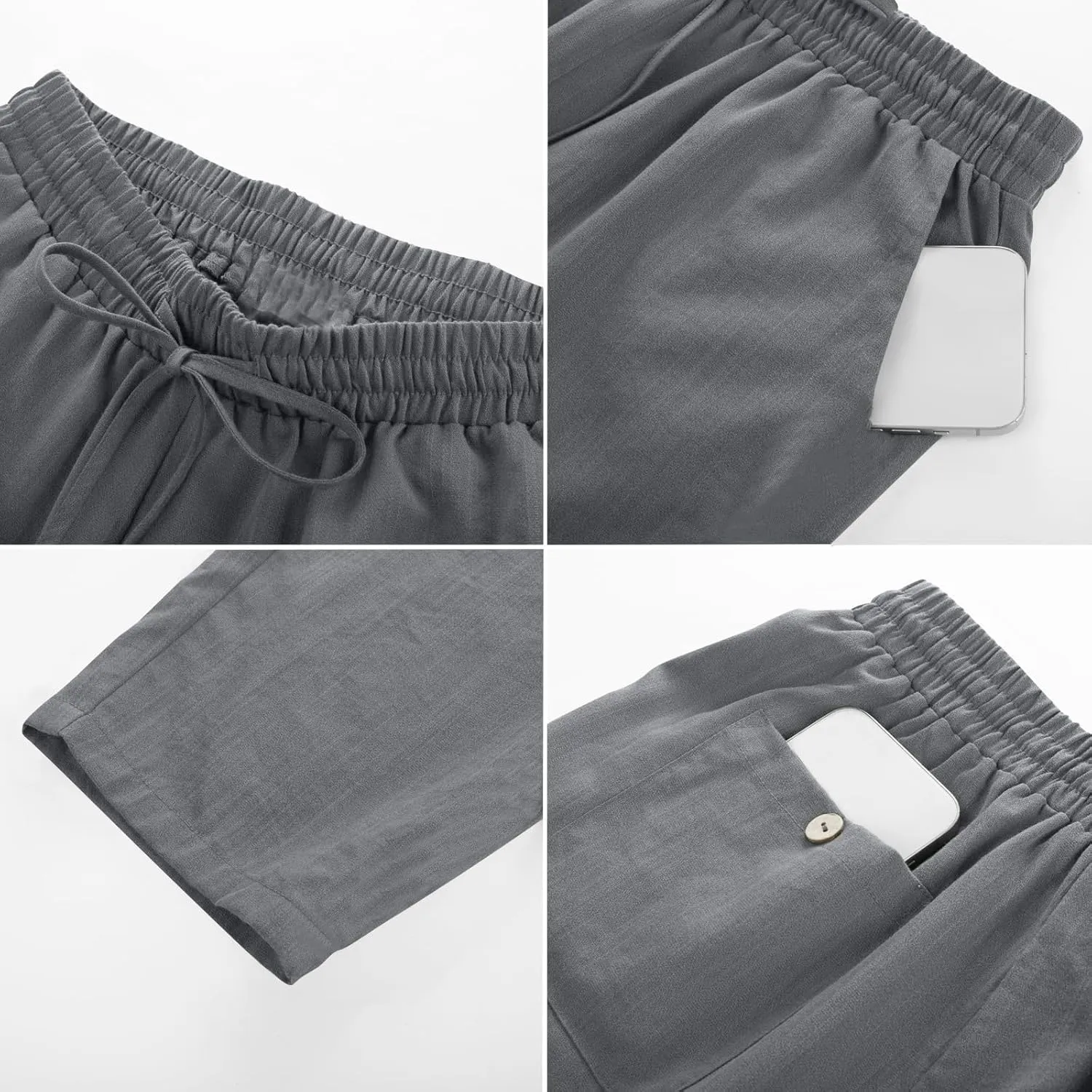 Linen Pants for Women Petite Beach High Waist Cropped Capris Elastic Tapered Ankle Drawstring Pants with Pockets