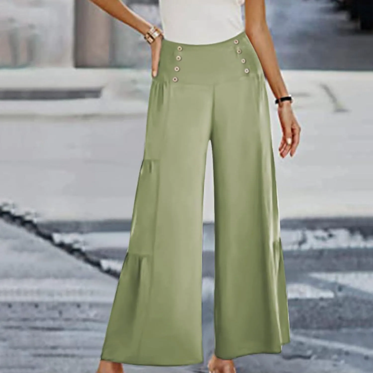 Linen Pants Women Summer Cotton Linen Wide Leg Long Pants with Pocket Solid Color Casual Women's Capris and Cropped