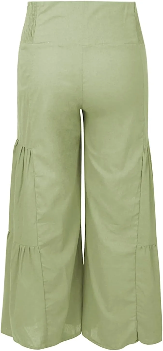 Linen Pants Women Summer Cotton Linen Wide Leg Long Pants with Pocket Solid Color Casual Women's Capris and Cropped