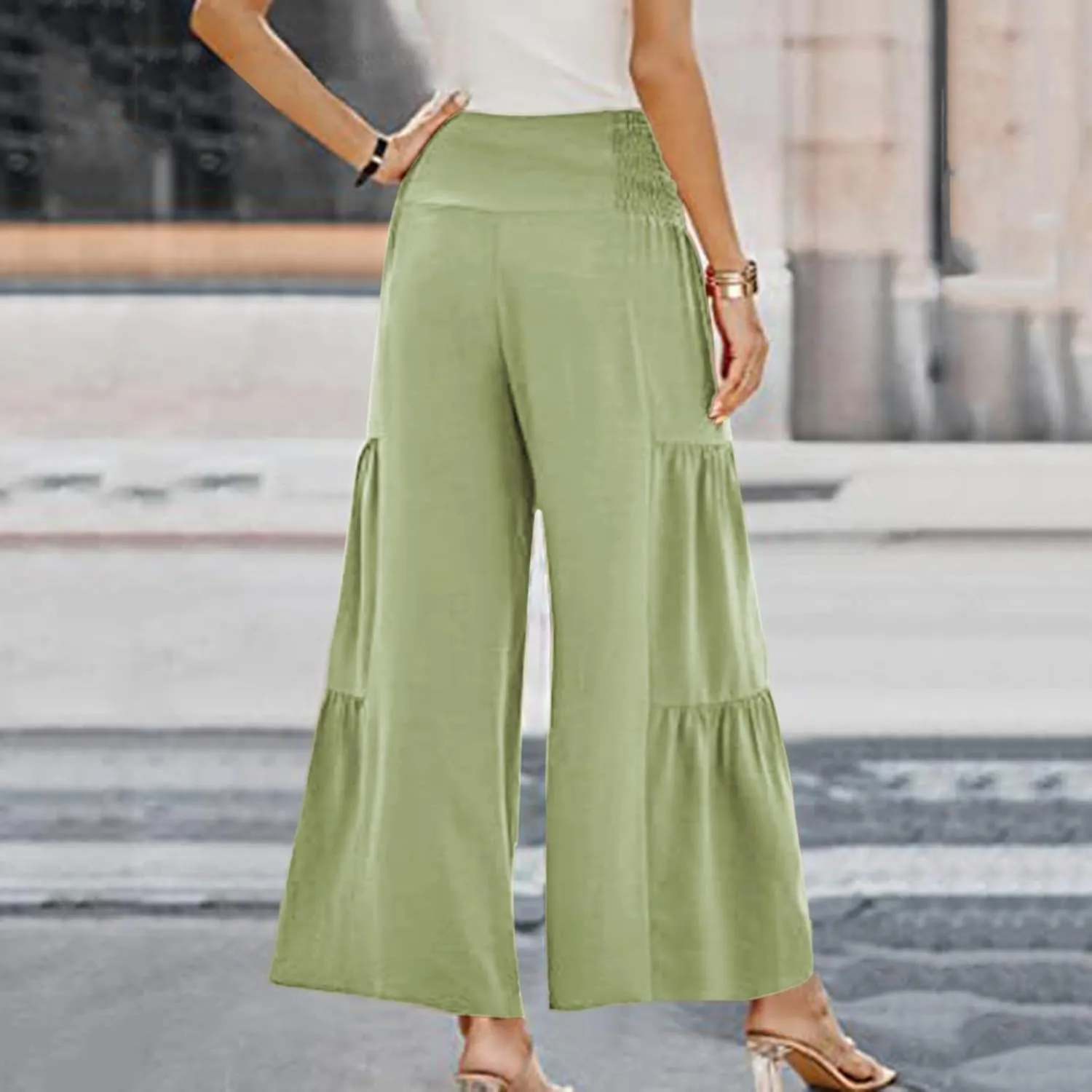 Linen Pants Women Summer Cotton Linen Wide Leg Long Pants with Pocket Solid Color Casual Women's Capris and Cropped