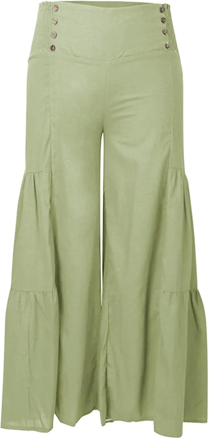 Linen Pants Women Summer Cotton Linen Wide Leg Long Pants with Pocket Solid Color Casual Women's Capris and Cropped
