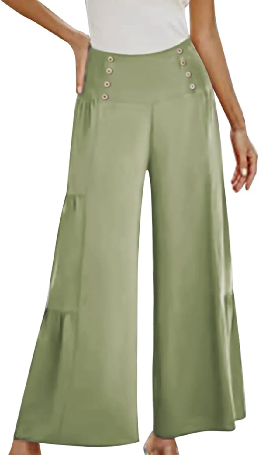 Linen Pants Women Summer Cotton Linen Wide Leg Long Pants with Pocket Solid Color Casual Women's Capris and Cropped