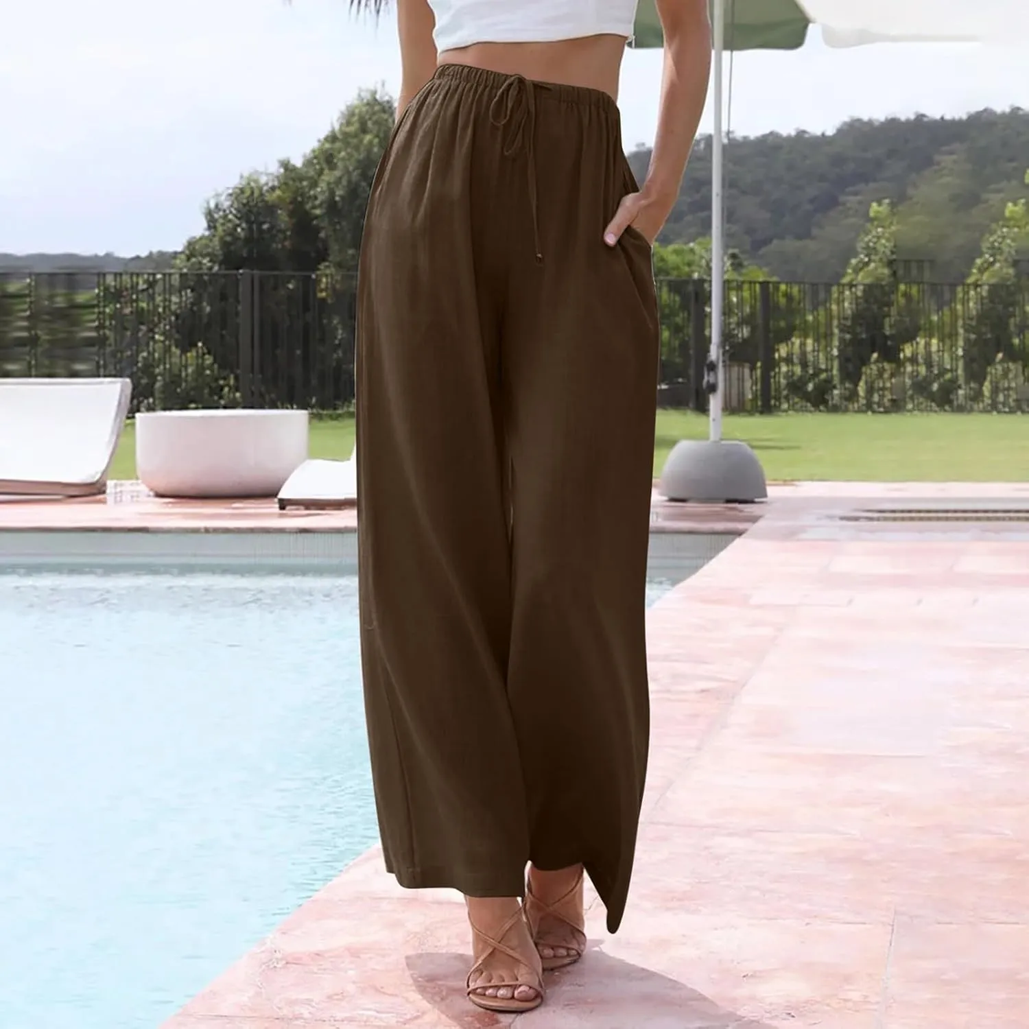 Linen Pants Women Summer Stitching String Solid Color Pants High Waisted Pants for Women Joggers Solid Lace-up Waist
