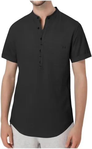 Linen Shirt Men Slim Button Short Sleeve Henley Tees Shirts with Pockets Solid Color Summer Hawaiian Blouses 2025