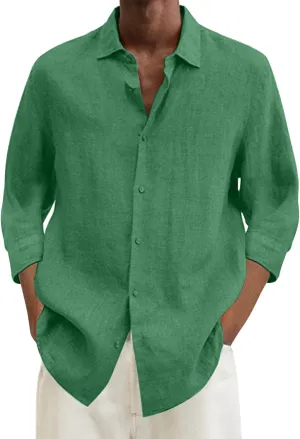 Linen Shirts for Men Big and Tall Casual Button Down Long Sleeve Solid Spread Collar Shirt Summer Hawaiian Beach Tops