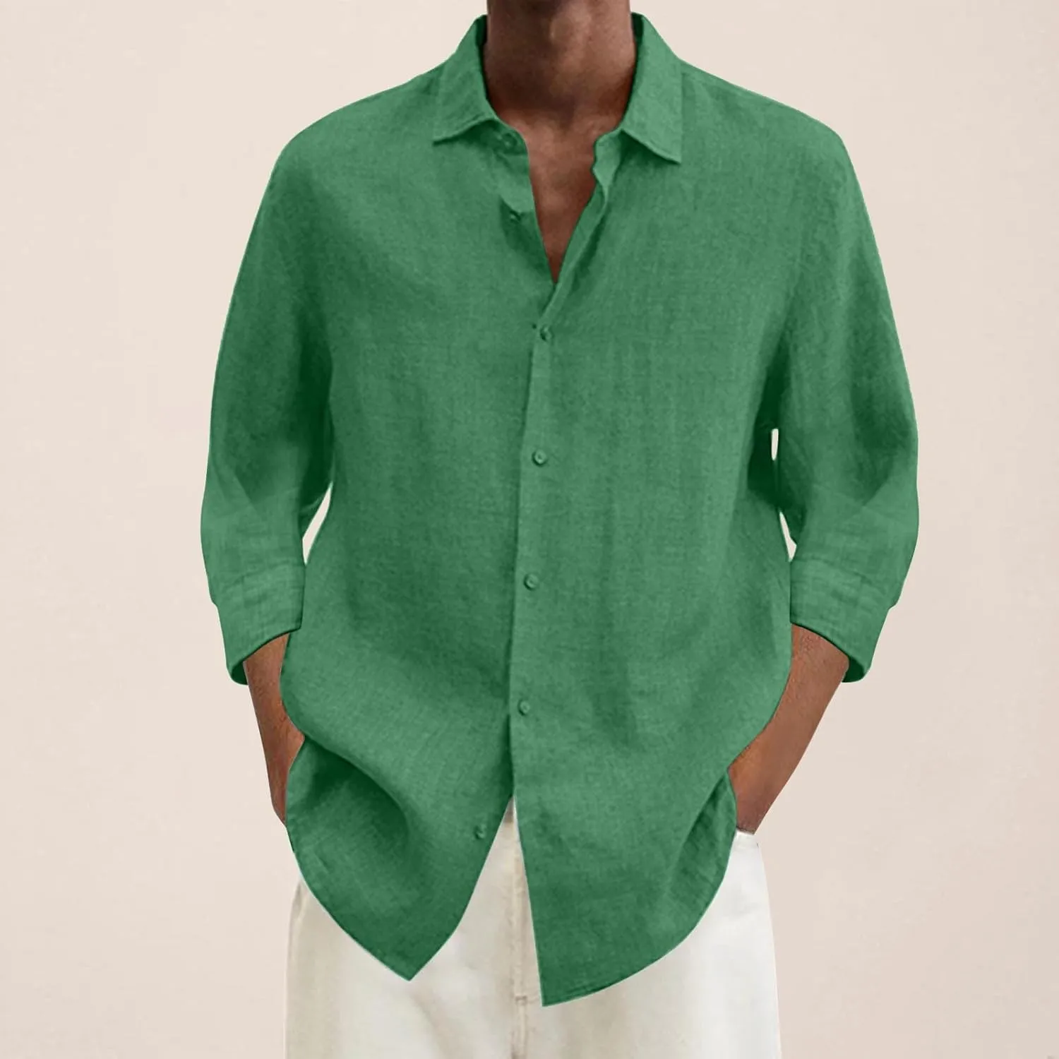 Linen Shirts for Men Big and Tall Casual Button Down Long Sleeve Solid Spread Collar Shirt Summer Hawaiian Beach Tops
