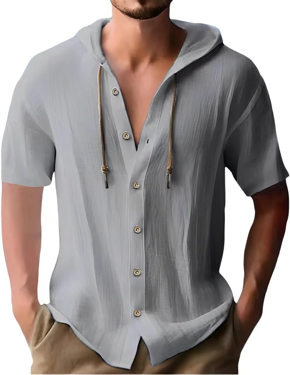 Linen Shirts for Men Casual Button Shirts Summer Cotton Linen Hoodie Beach Long Sleeve Shirts Top with Hood