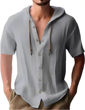 Linen Shirts for Men Casual Button Shirts Summer Cotton Linen Hoodie Beach Long Sleeve Shirts Top with Hood