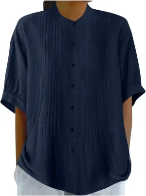 Linen Shirts for Women Casual Half Sleeve High Neck Blouses Casual Cotton Linen Lightweight Summer Boho Tops