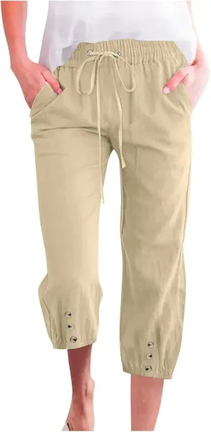 Linen Trousers for Women Beach Vacation Outfits 2025 Drawstring Pants with Pockets Button Decorations Flowy Solid Sweatpants