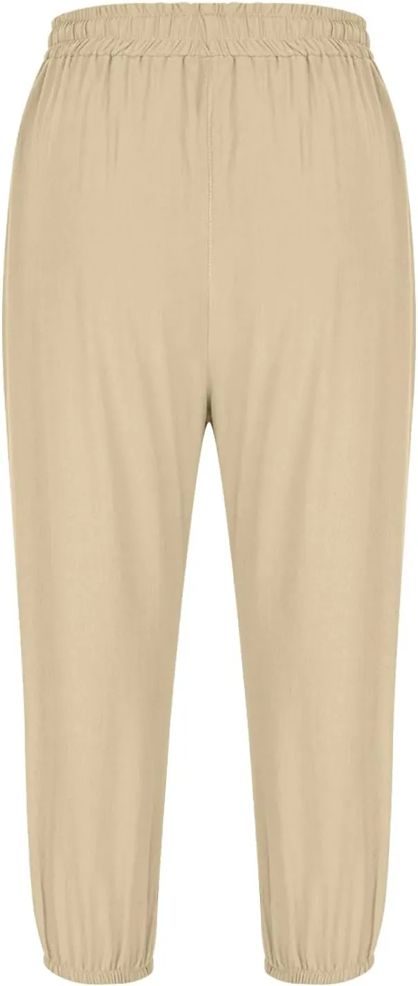 Linen Trousers for Women Beach Vacation Outfits 2025 Drawstring Pants with Pockets Button Decorations Flowy Solid Sweatpants