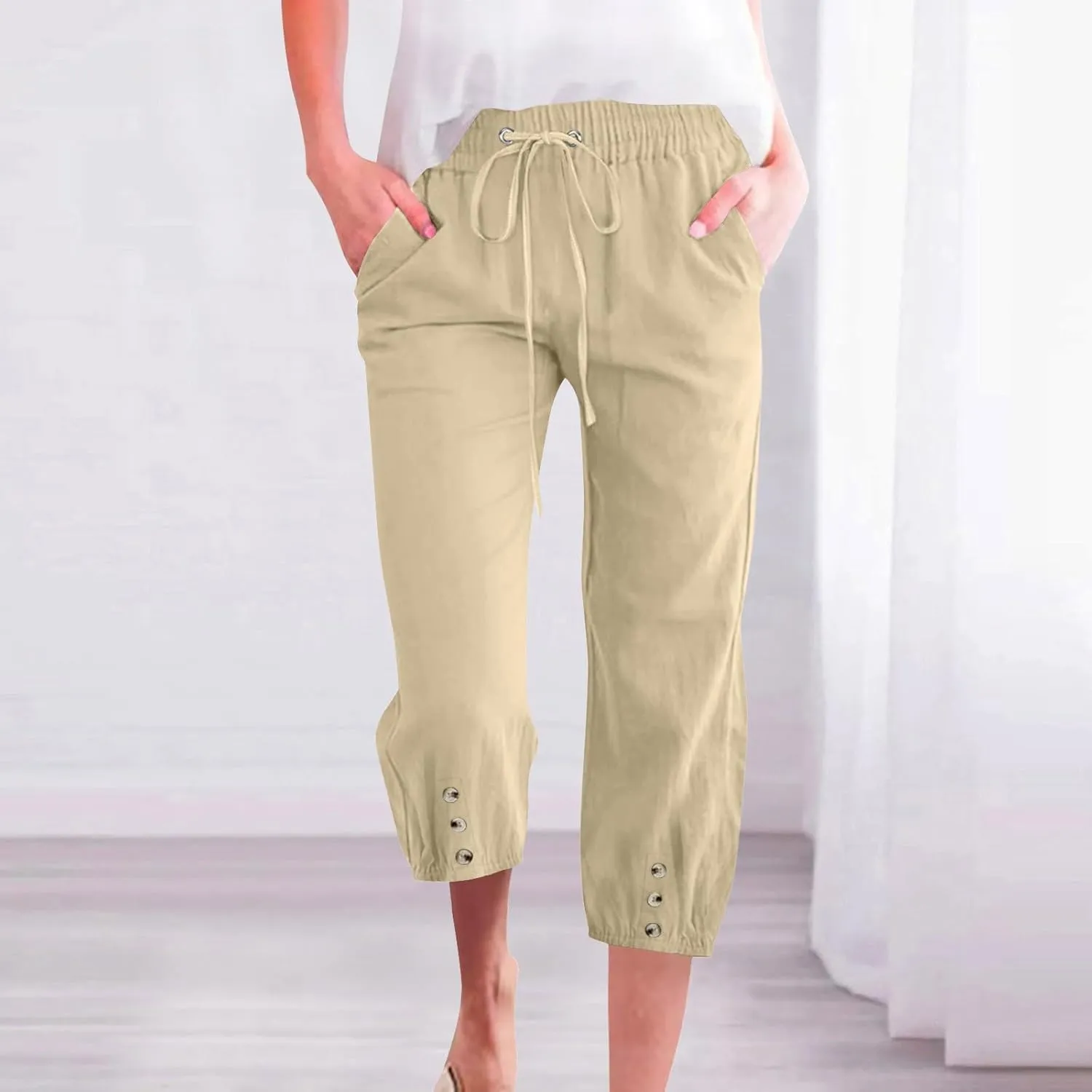 Linen Trousers for Women Beach Vacation Outfits 2025 Drawstring Pants with Pockets Button Decorations Flowy Solid Sweatpants