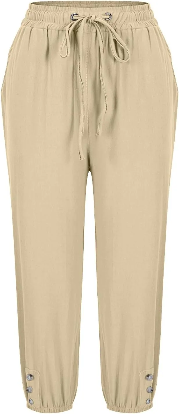 Linen Trousers for Women Beach Vacation Outfits 2025 Drawstring Pants with Pockets Button Decorations Flowy Solid Sweatpants