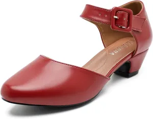 LIURUIJIA Women's Closed Toe Low Chunky Heel Pumps Ankle Strap Dress Shoes for Work Wedding Party Dance