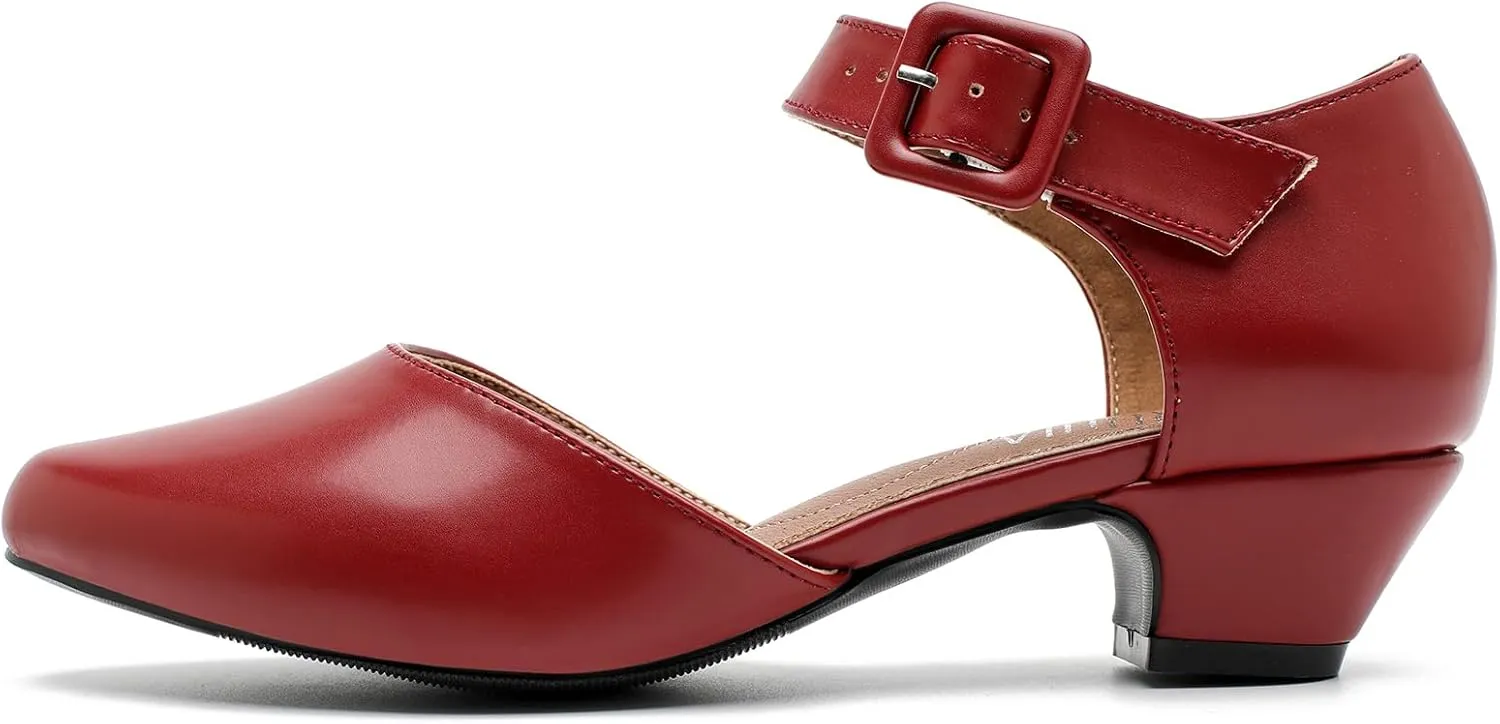 LIURUIJIA Women's Closed Toe Low Chunky Heel Pumps Ankle Strap Dress Shoes for Work Wedding Party Dance