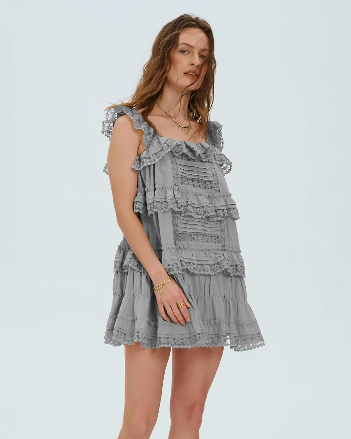 Locachy Women's Summer Flowy Ruffle Patchwork Mini Dress Casual Sleeveless Rompers Sundress with Built-in Shorts