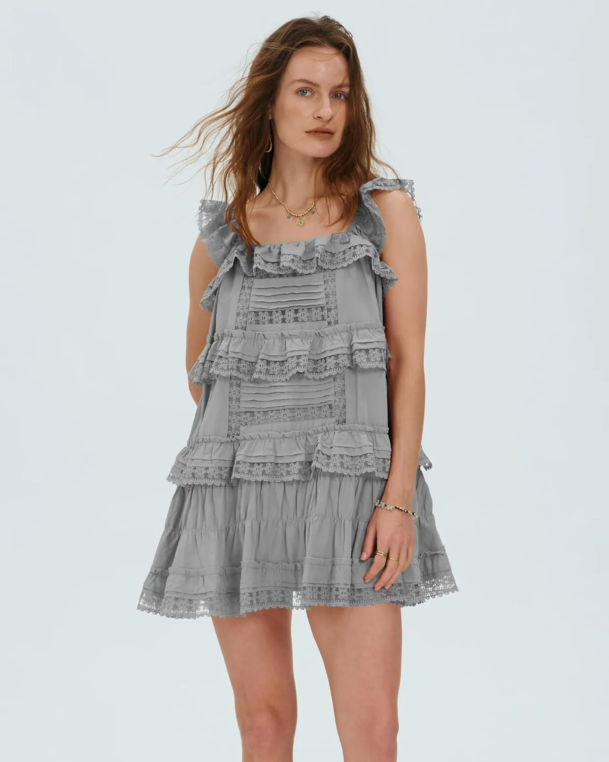 Locachy Women's Summer Flowy Ruffle Patchwork Mini Dress Casual Sleeveless Rompers Sundress with Built-in Shorts