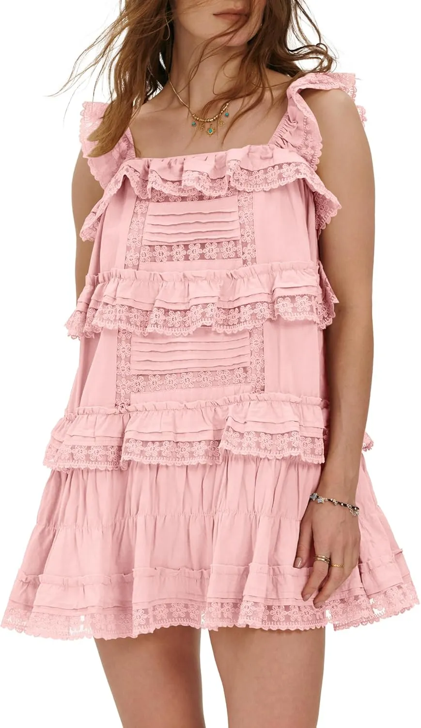 Locachy Women's Summer Flowy Ruffle Patchwork Mini Dress Casual Sleeveless Rompers Sundress with Built-in Shorts