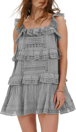 Locachy Women's Summer Flowy Ruffle Patchwork Mini Dress Casual Sleeveless Rompers Sundress with Built-in Shorts