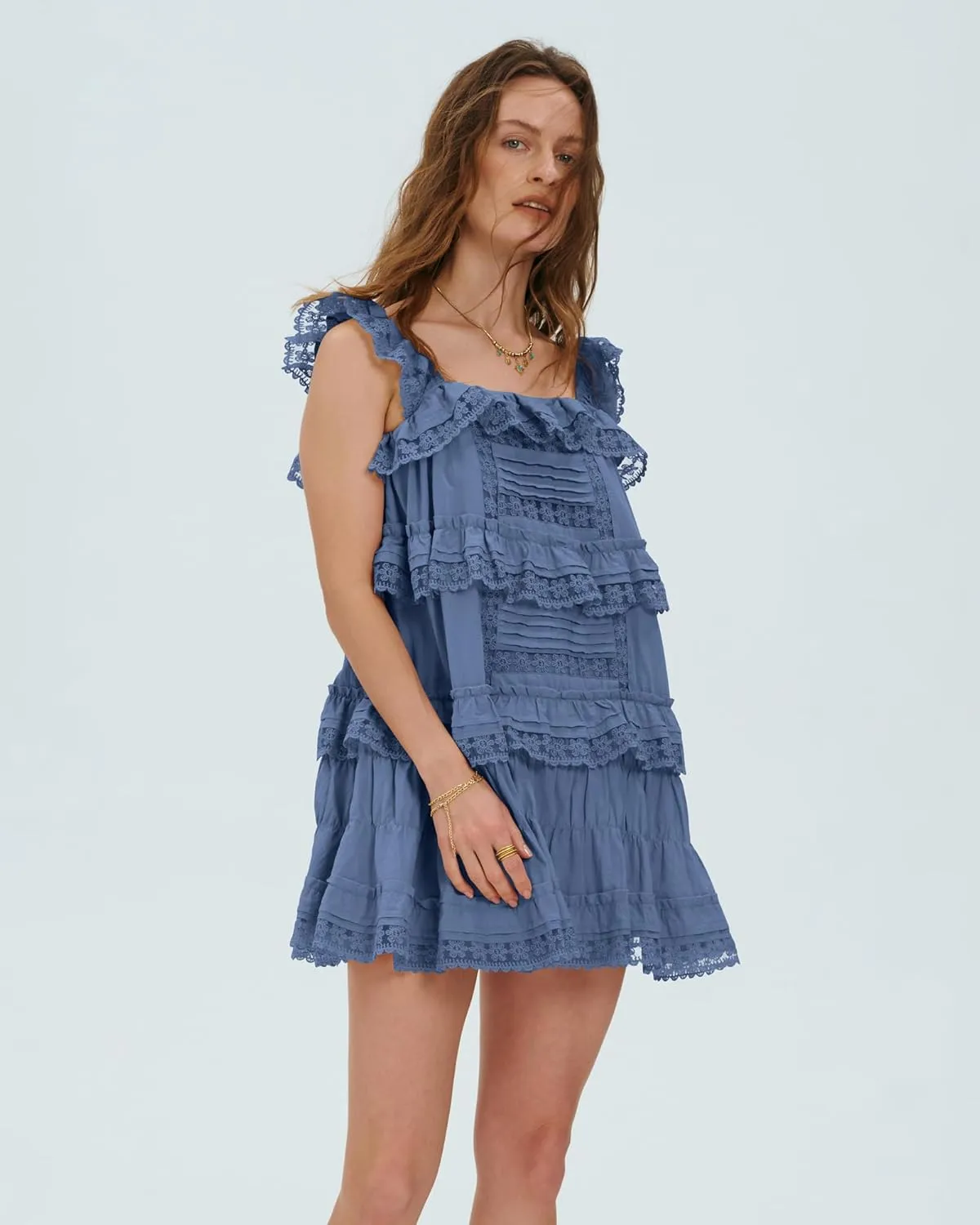 Locachy Women's Summer Flowy Ruffle Patchwork Mini Dress Casual Sleeveless Rompers Sundress with Built-in Shorts