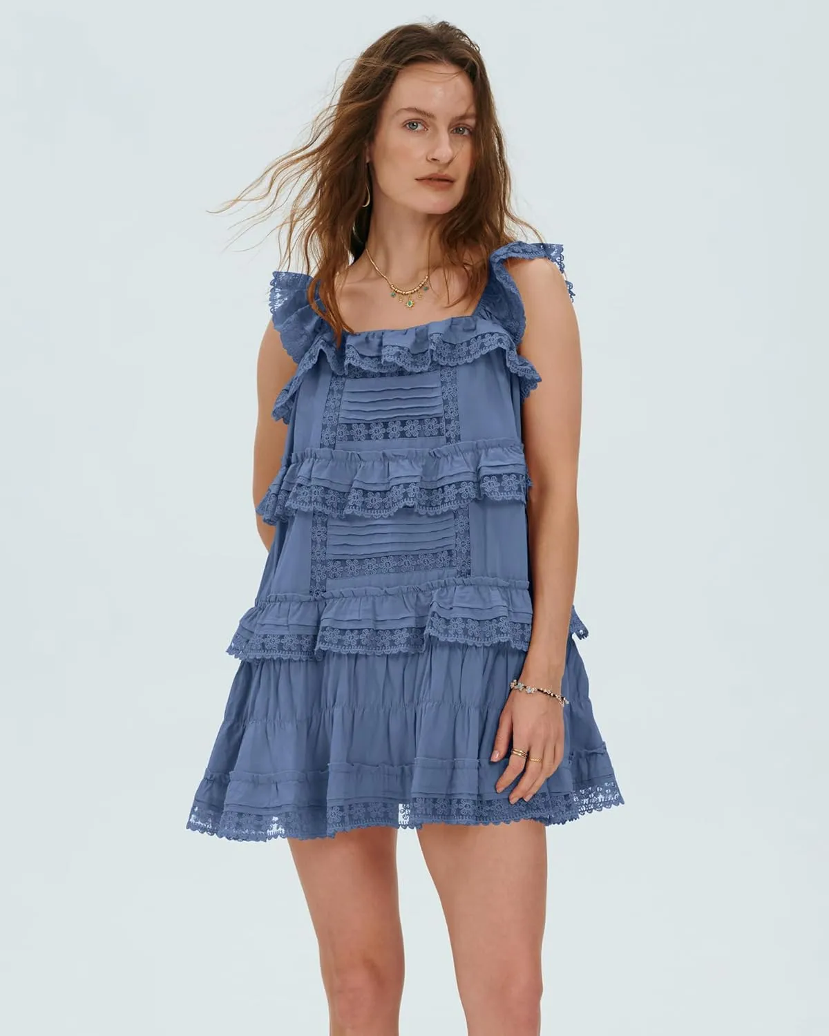 Locachy Women's Summer Flowy Ruffle Patchwork Mini Dress Casual Sleeveless Rompers Sundress with Built-in Shorts