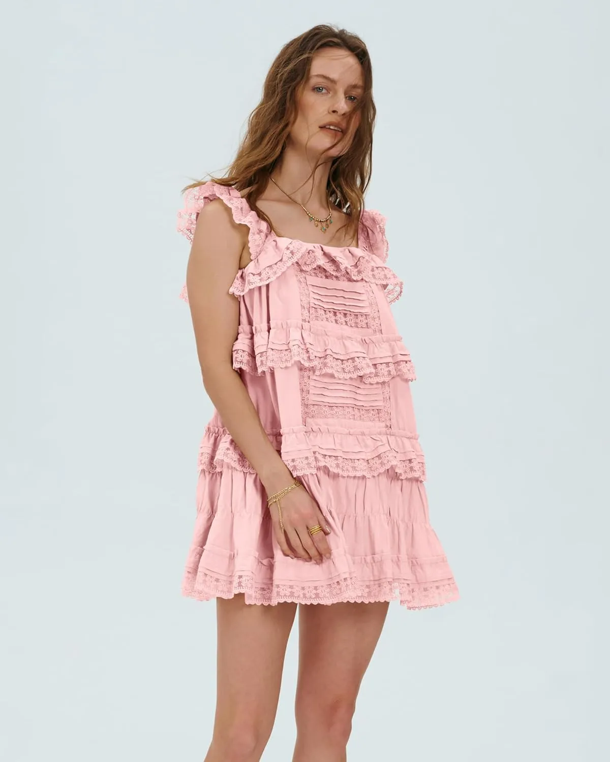 Locachy Women's Summer Flowy Ruffle Patchwork Mini Dress Casual Sleeveless Rompers Sundress with Built-in Shorts