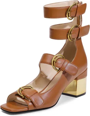 LOCERICH Womens Heeled Sandals Chunky Block Heels Open Toe Strappy Comfortable Ankle Strap Gold Low Heel Dress Shoes for Women